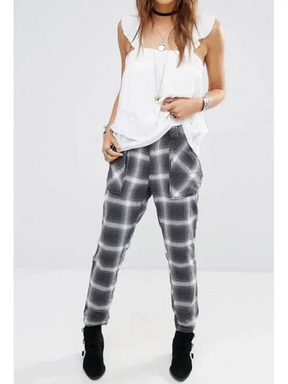 Free People Monochromatic Plaid Slouchy Utility Pants 12 Punk Alt 90s Grunge